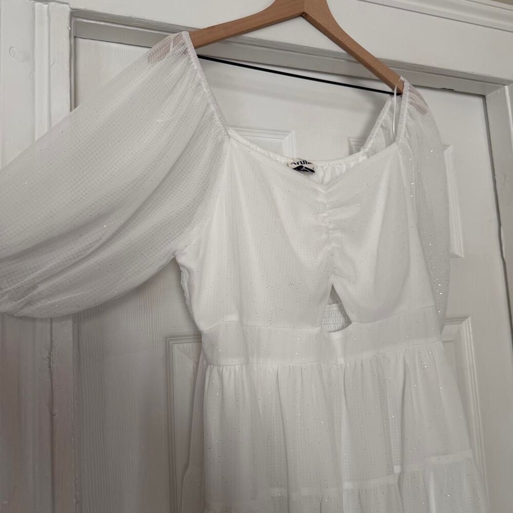 Altar'd State ARULA Women's White Mini Dress Shimmer Billowy Sleeves Size 1X